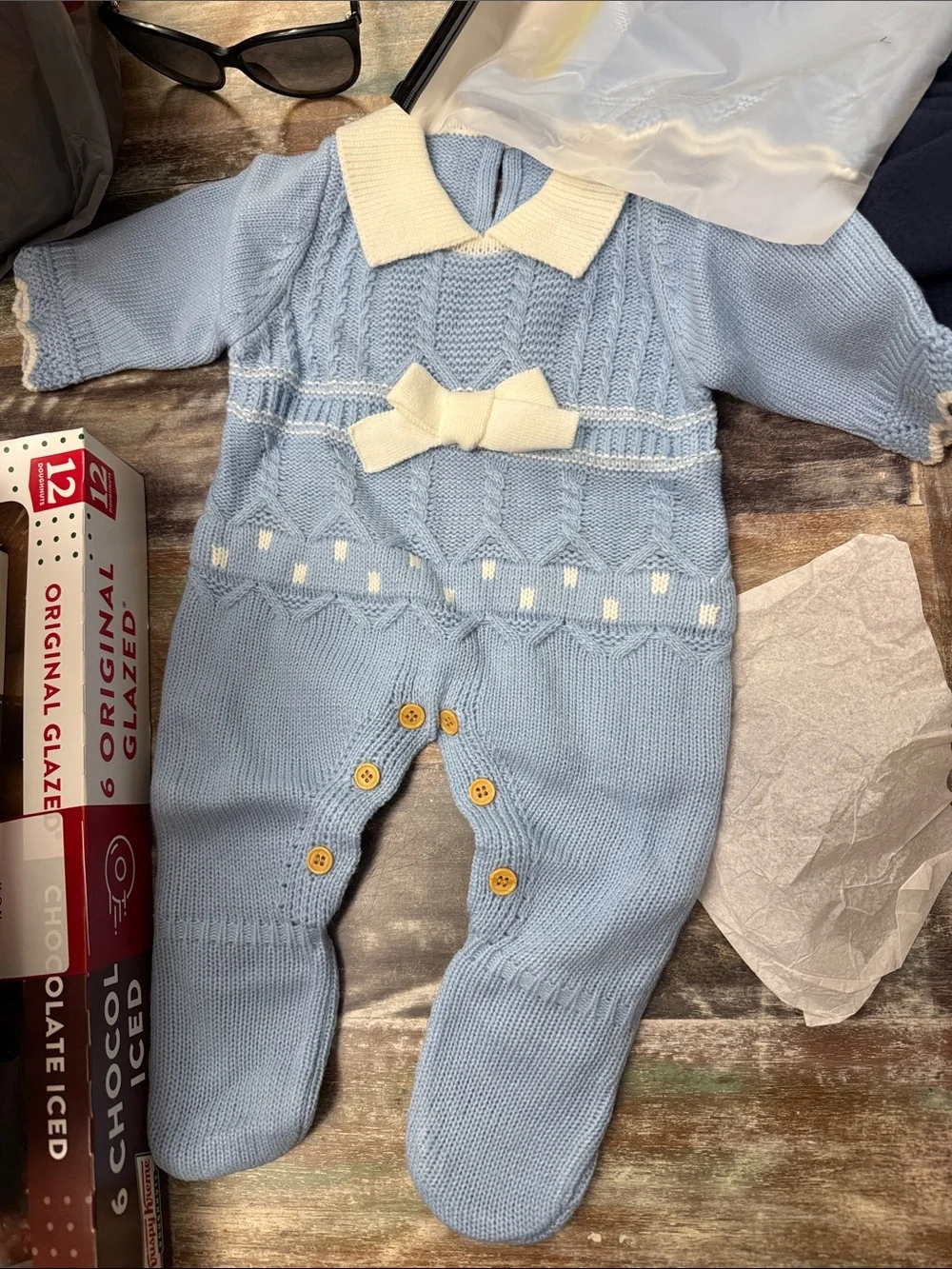 Classic Knit Baby One-Piece in Light Blue with Cream Bow